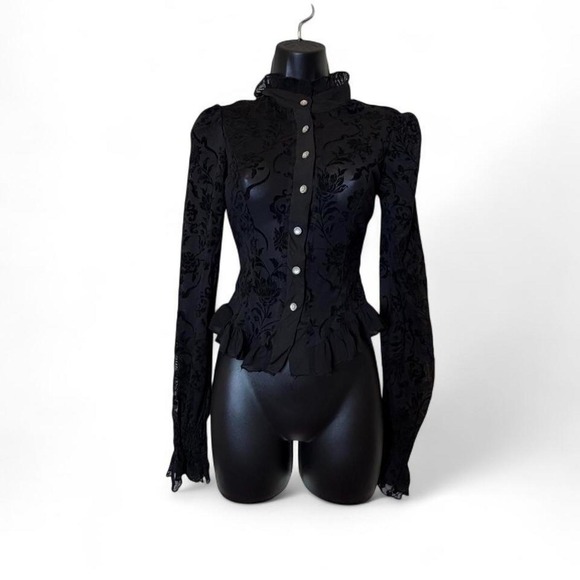 Tops - Vintage Y2K Whimsigoth Black Devore Burnout Velvet Lace Up Corset Ruffle Blouse